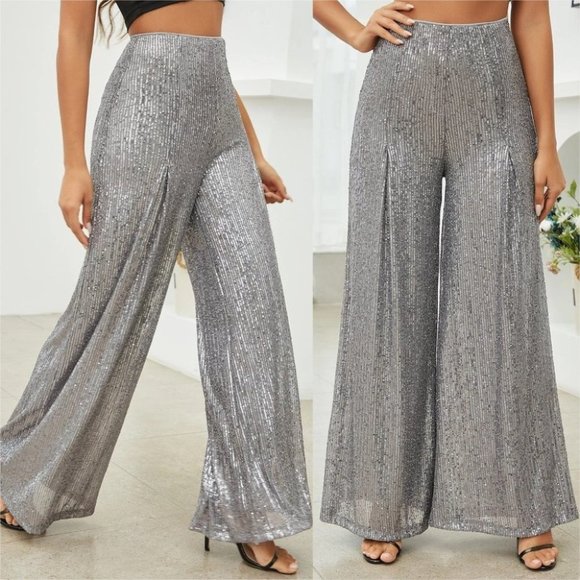 Silver Sequn Wide Legged Pants - Picture 2 of 8